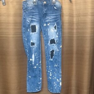Road Narrows Girls Blue Distressed Jeans with Paint-Splatter  And Stud Details